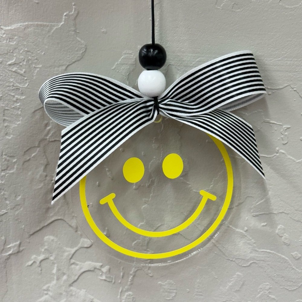 Smiley Face Christmas Ornament or Rear View Mirror Car Charm with Striped Bow